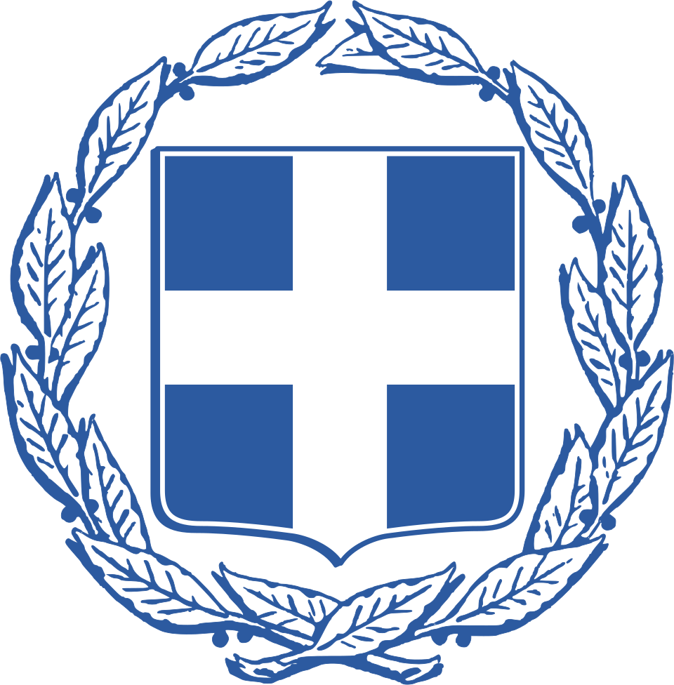 Coat of Arms of Greece - The coat of arms of Greece comprises a white Greek cross on a blue escutcheon, surrounded by two laurel branches.