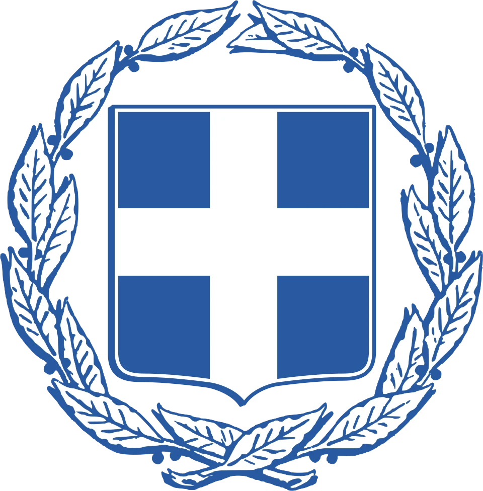 Coat of Arms of Greece &mdash; white Greek cross on an azure shield within a green laurel wreath; current form fixed by Law 48/1975.