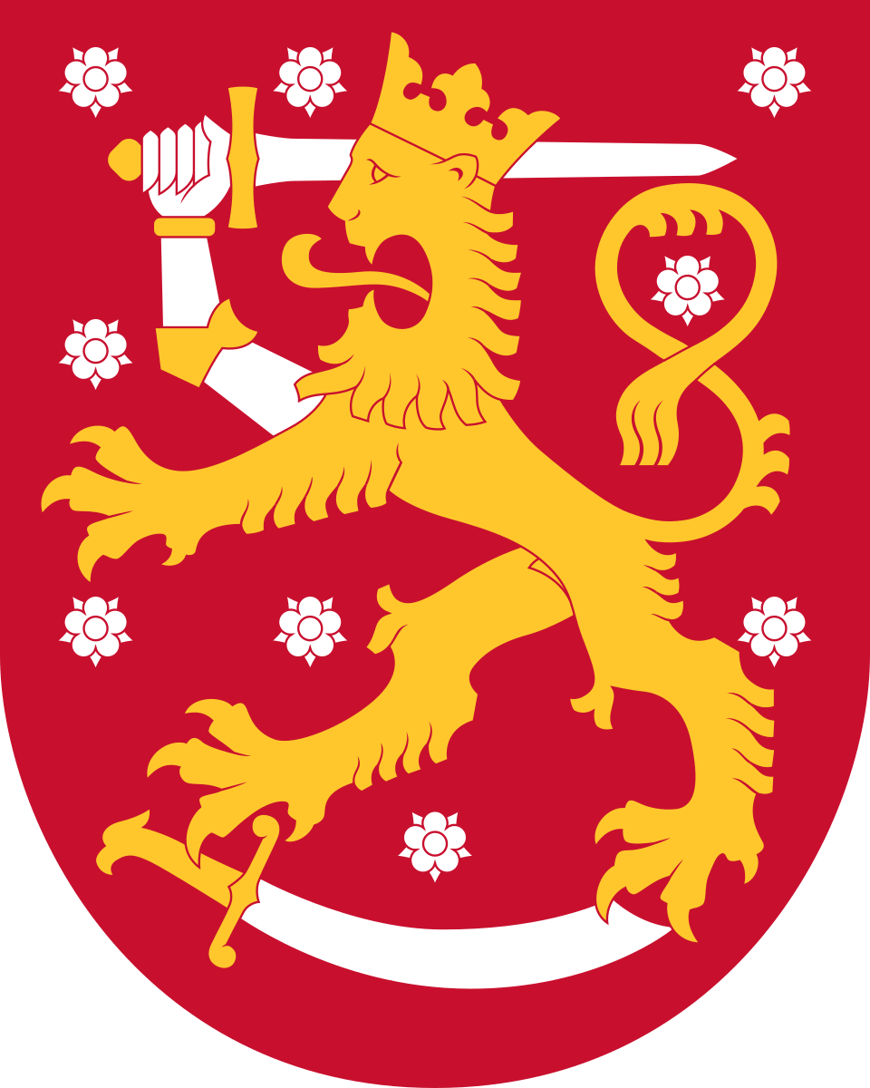 Coat of Arms of Finland - The coat of arms of Finland is a crowned lion on a red field, the right foreleg replaced with an armoured human arm brandishing a...