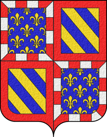Coat of Arms of Bourgogne - Écartelé : au premier et au quatrième d'azur semé de fleurs de lys d'or à la bordure componée d'argent et de gueules ; au...