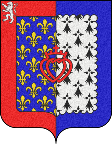 Coat of Arms of Pays de la Loire - Parti, d'azur semé de fleurs de lys d'or à la bordure de gueules chargée au canton dextre d'un lion d'argent, d'hermine à...
