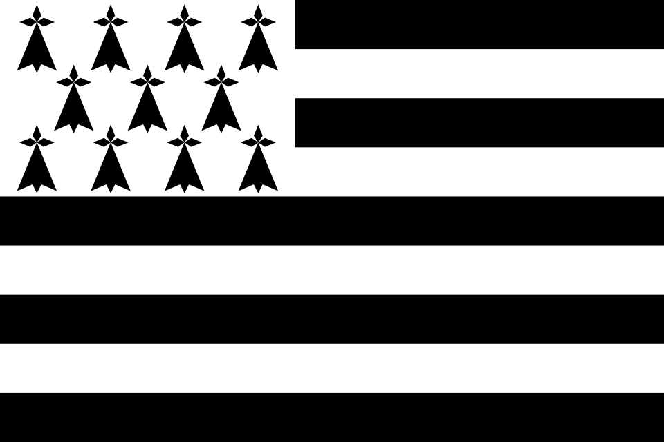 Flag of Brittany — the Gwenn-ha-Du, nine alternating black and white horizontal bands with a canton of ermine spots.