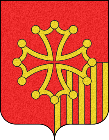Coat of Arms of Languedoc-Roussillon - Écartelé, aux trois premiers de gueules, au quatrième d'or aux quatre pals de gueules, chargé d'une croix cléchée et...