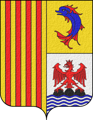 Coat of Arms of Provence-Alpes-Côte d’Azur - Parti, au premier d'or aux quatre pals de gueules (de Provence) et au second coupé d'or au dauphin d'azur crêté,...