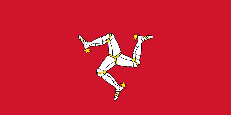 Flag of the Isle of Man &mdash; red field bearing the three armoured legs conjoined in a triskelion; ratio 1:2.