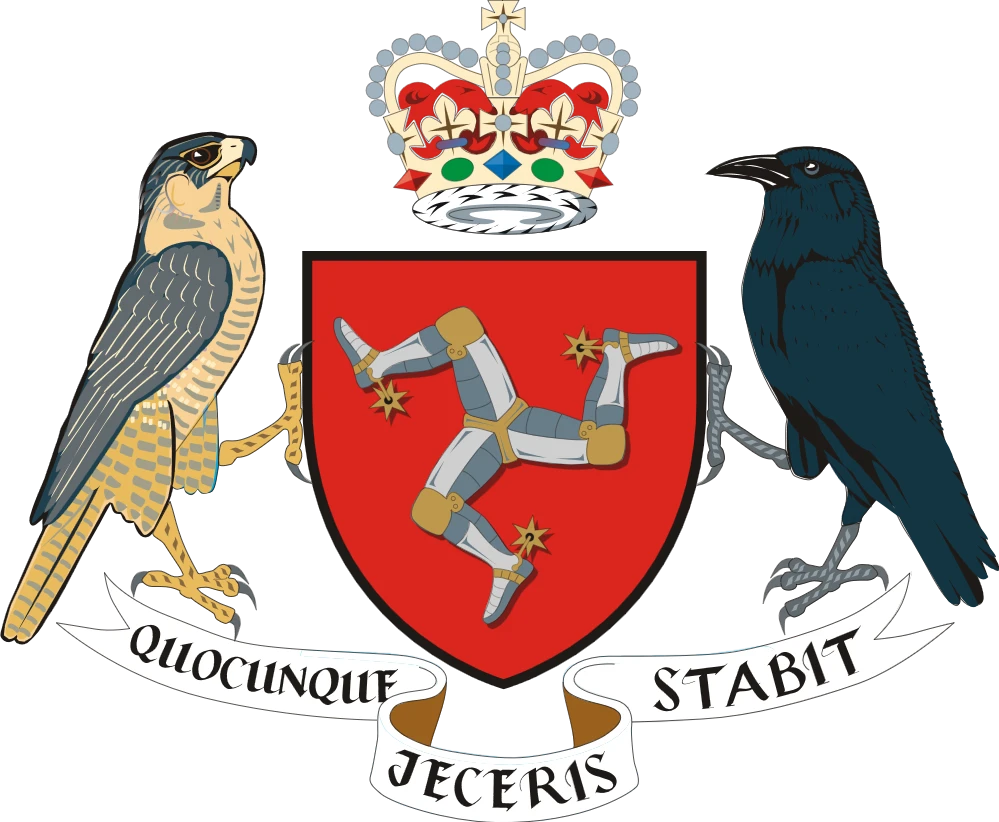 Coat of Arms of the Isle of Man &mdash; three armoured silver legs conjoined in a triskelion on a red shield, imperial crown above, peregrine falcon and raven as supporters. Royal warrant of 1996.
