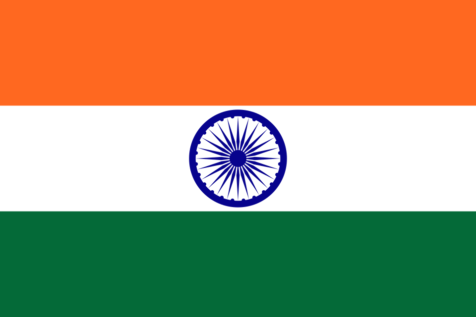 Flag of India (Tiranga) &mdash; horizontal tricolour of saffron, white and green with a 24-spoke navy Ashoka Chakra at the centre; ratio 2:3.