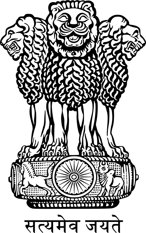 State Emblem of India &mdash; the Ashoka Lion Capital: three visible lions on an abacus with the Dharmachakra, bull and horse; motto Satyameva Jayate in Devanagari beneath.