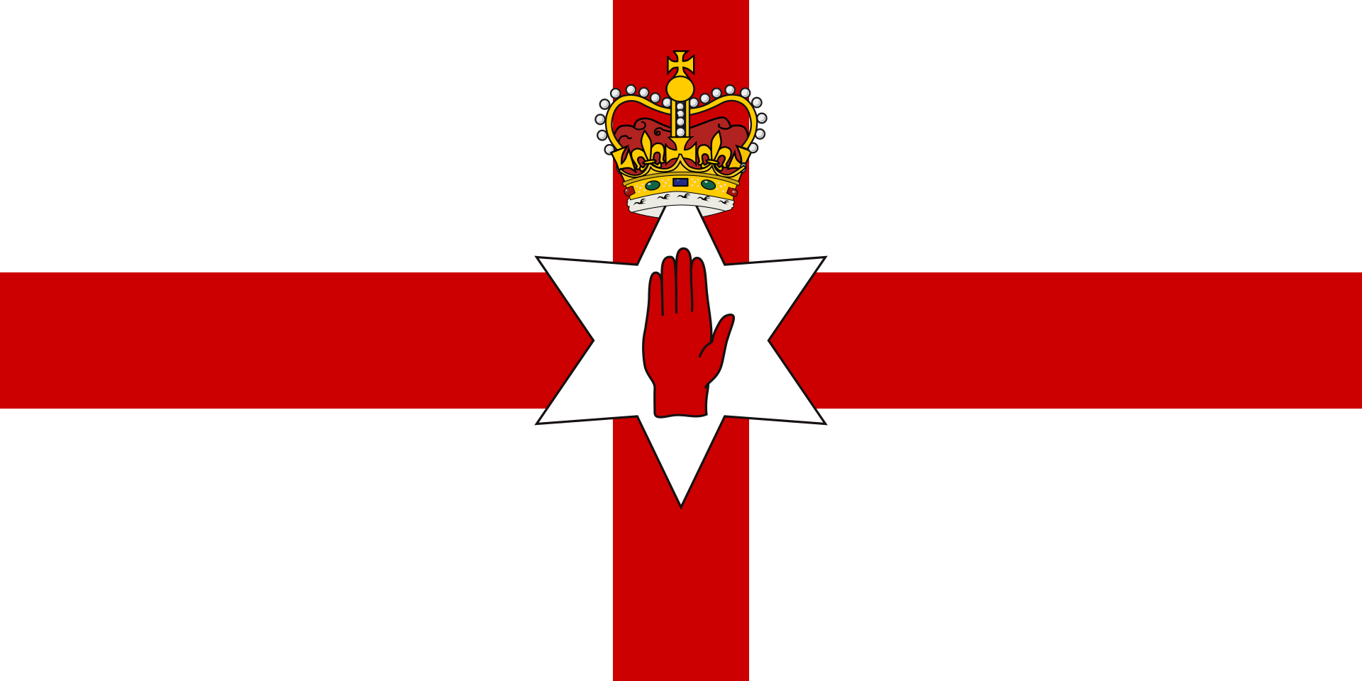 Ulster Banner &mdash; heraldic banner of the 1924 arms, silver field with red cross, six-pointed star bearing the Red Hand of Ulster, ensigned by an imperial crown. In official use 1953–1972.
