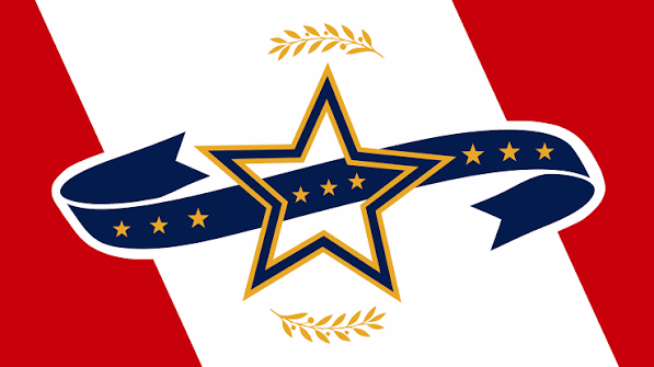 Flag of Montgomery from 2026: red diagonal bands, a blue ribbon, nine gold stars and a central outlined star between olive branches