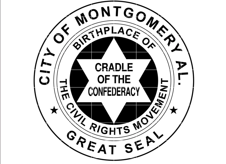 Great Seal of Montgomery: a six-pointed star bearing Cradle of the Confederacy, ringed by Birthplace of the Civil Rights Movement