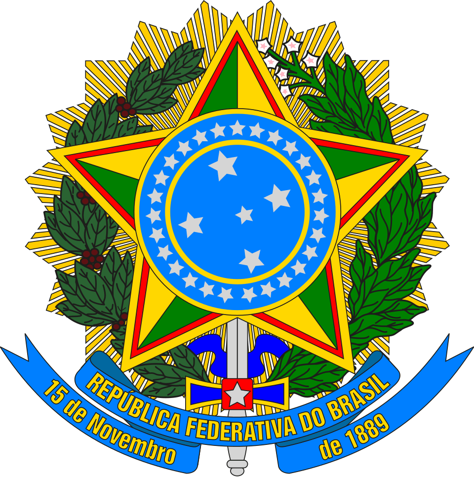 Coat of arms of Brazil — blue circular shield with the Southern Cross and 27 stars, framed by coffee and tobacco branches with a sword behind.