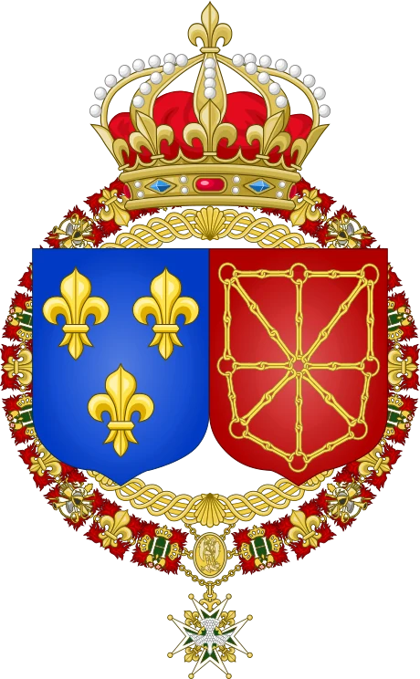 Armes de France et de Navarre sous les Bourbons : écu accolé, couronne royale et colliers des ordres
