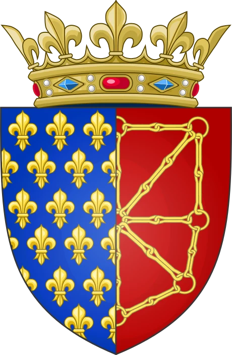 Armes de France-Navarre : mi-parti d’azur semé de fleurs de lis d’or et de Navarre à l’escarboucle