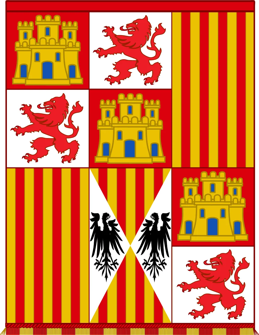 Bandera de la infantería de los Reyes Católicos, con las armas de Castilla, León, Aragón y Sicilia