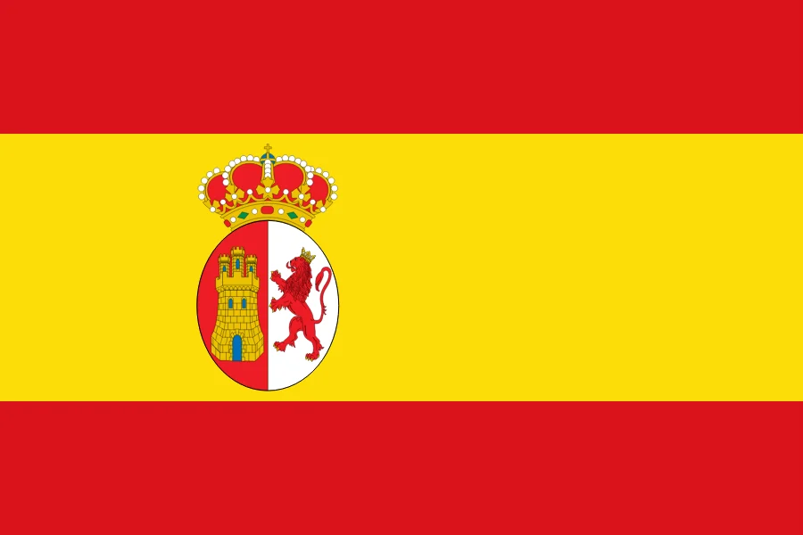 Bandera de 1785: franjas roja, amarilla y roja, con el escudo de Castilla y León coronado
