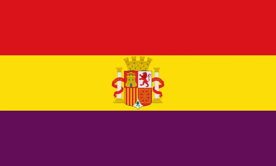 Bandera de la Segunda República: franjas roja, amarilla y morada, con el escudo en el centro
