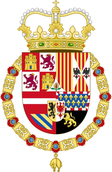 Escudo de Felipe II antes de 1580, con la corona real y el Toisón de Oro