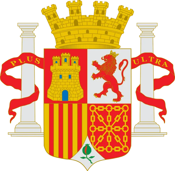 Escudo del Gobierno Provisional: Castilla, León, Aragón, Navarra y Granada, con corona mural y columnas de Hércules