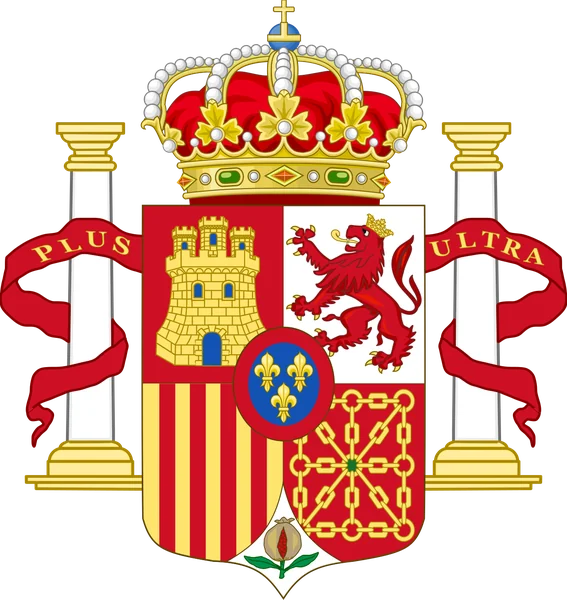Escudo nacional de la Restauración: el cuartelado de 1868 con el escusón de Borbón, entre las columnas de Hércules